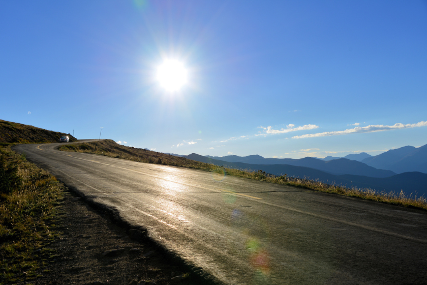 Car going down the Mount Evans Scenic Byway, Mount Evans, Colorado, USA: