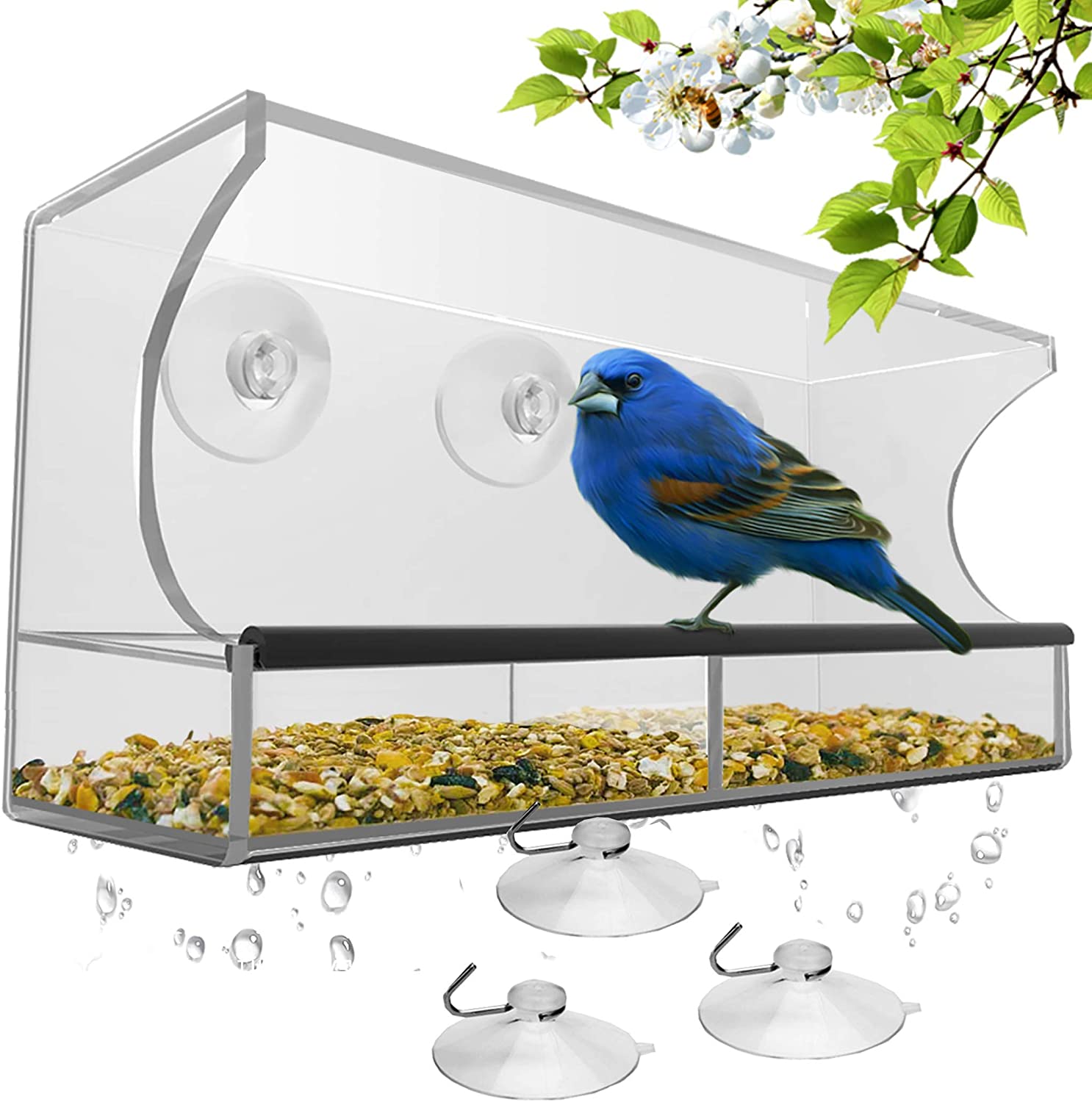 Window Bird Feeder with Strong Suction Cups and Seed Tray, Outdoor Birdfeeders for Wild Birds, Finch, Cardinal, and Bluebird. Large Outside Hanging Birdhouse Kits, Drain Holes, 3 Extra Suction Cups