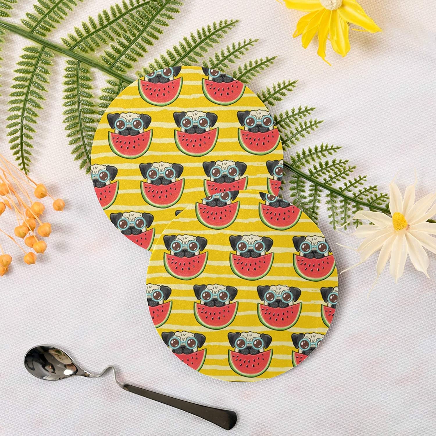 visesunny Funny Pug Dog in Sunglasses Watermelon Drink Coaster Moisture Absorbing Stone Coasters with Cork Base for Tabletop Protection Prevent Furniture Damage, 2 Pieces