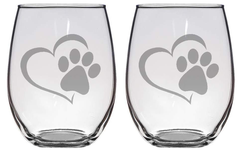 Set of 2 stemless wine glasses with heart and paw print, great gift for animal lover for birthday or Christmas