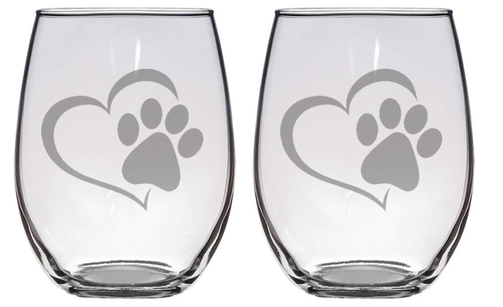 Set of 2 stemless wine glasses with heart and paw print, great gift for animal lover for birthday or Christmas