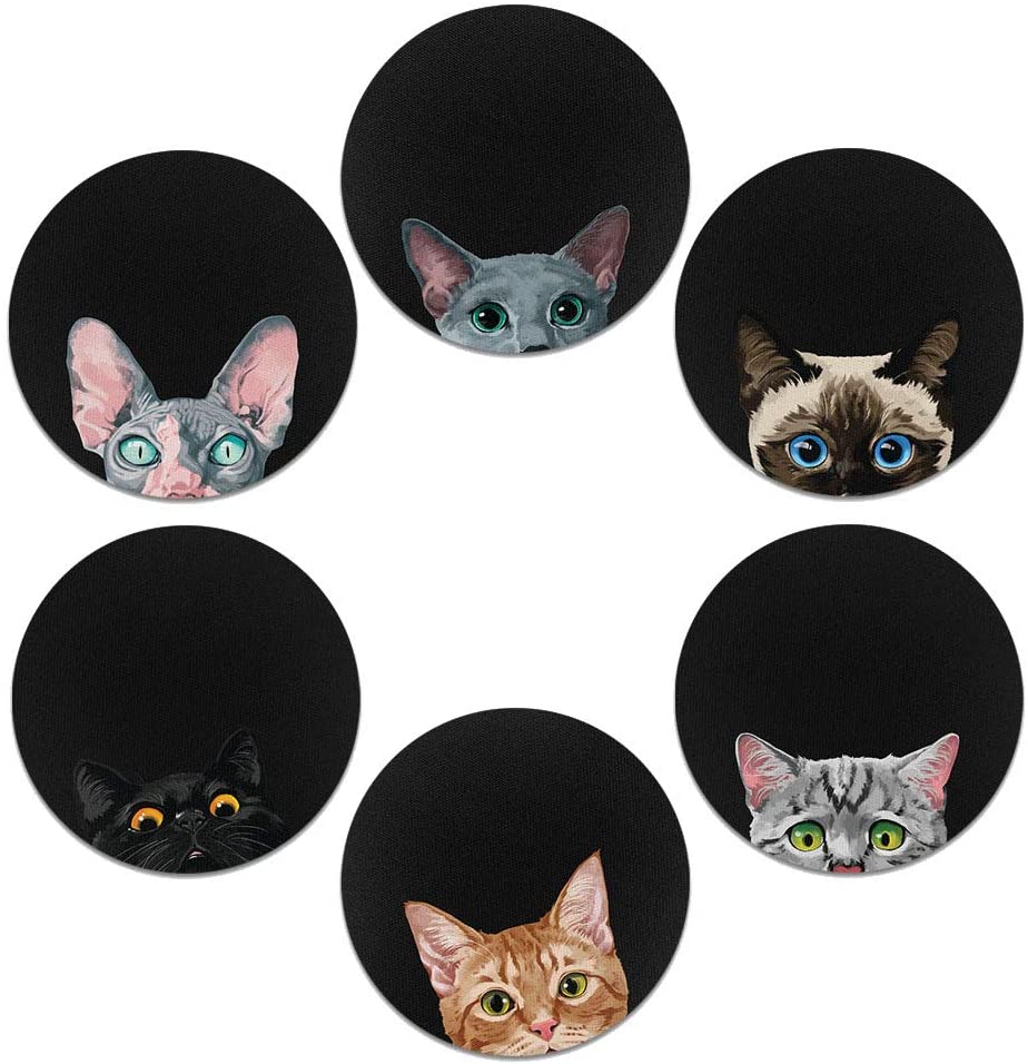 ARIBOU Coasters, Cat Face (group 1) Design Absorbent ROUND Fabric Felt Neoprene Car Coasters for Drinks (2.87 inches), 6pcs Set