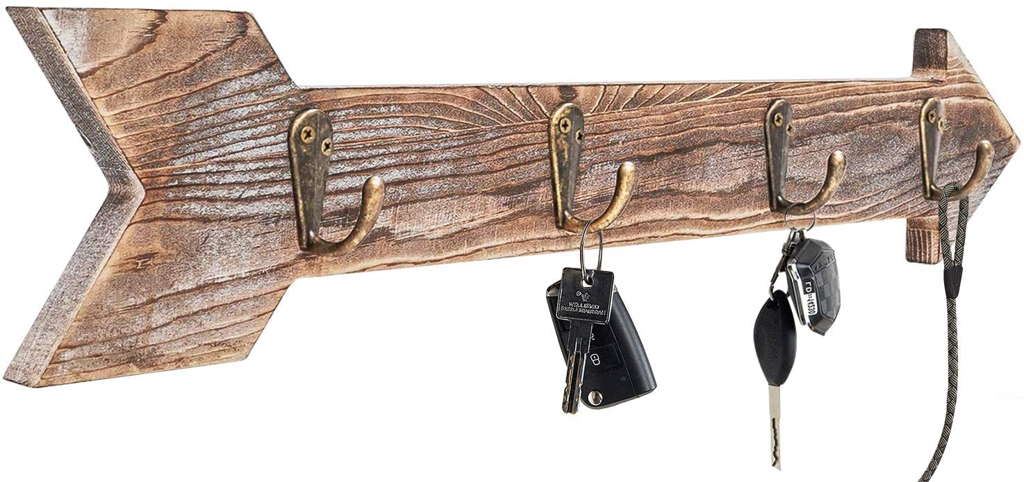 CHICVITA Farmhouse Key Holder for Wall Rustic Arrow Wall Decor with Hooks Wall Mounted Small Coat Rack Organizer Dog Leash Hooks for Entryway Front Door