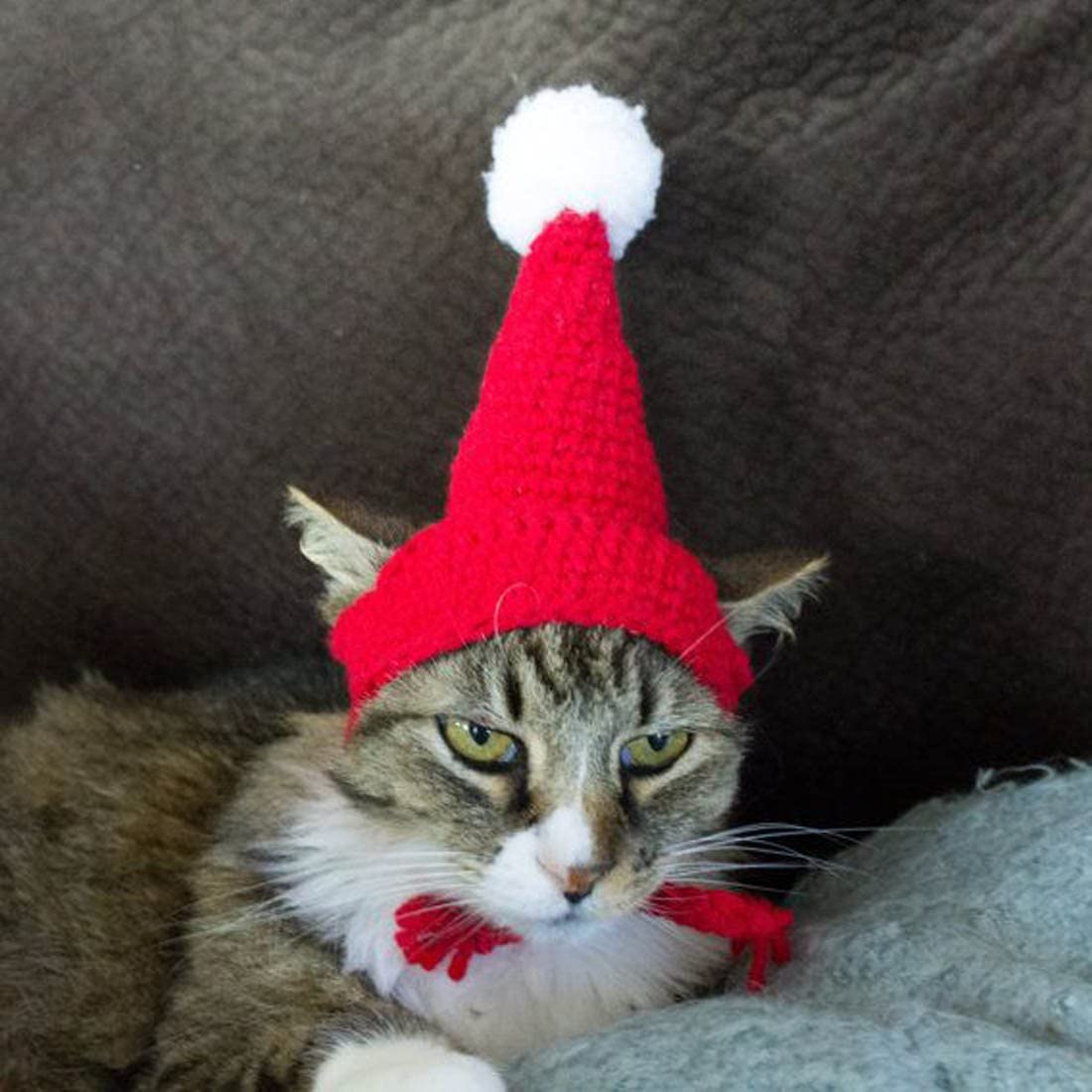 Schnappy Soft Handmade Crochet Knitted Cat Bonnet Hat,Pet Santa Pom-Pom Cap for Small Cats Dogs