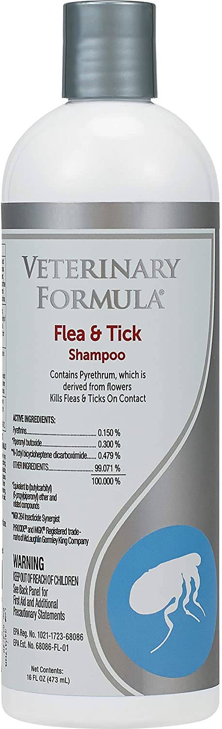 Veterinary Formula Clinical Care Flea and Tick Shampoo for Dogs and Cats, 16 oz - With Pyrethrum to Kill Fleas and Ticks On Contact - Cleanses and Exfoliates