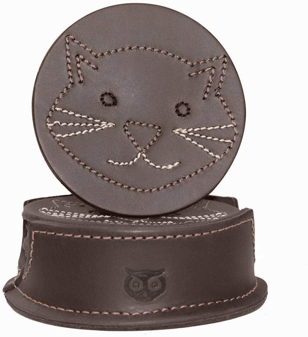 Hide & Drink, Durable Thick Leather Whiskers Cat / Animal Farm Classic Shaped Coasters (6-Pack) Handmade :: Bourbon Brown