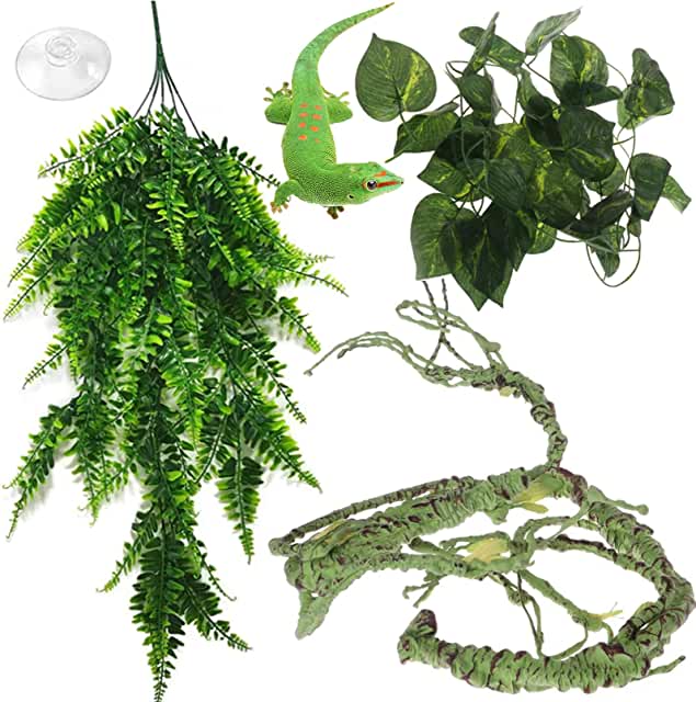 Hamiledyi Reptile Plants Bendable Jungle Climbing Vine Pet Habitat Decorations Leaves Hanging Silk Terrarium Plant with Suction Cup for Bearded Dragons Lizards Geckos Hermit Crab Frogs Snake