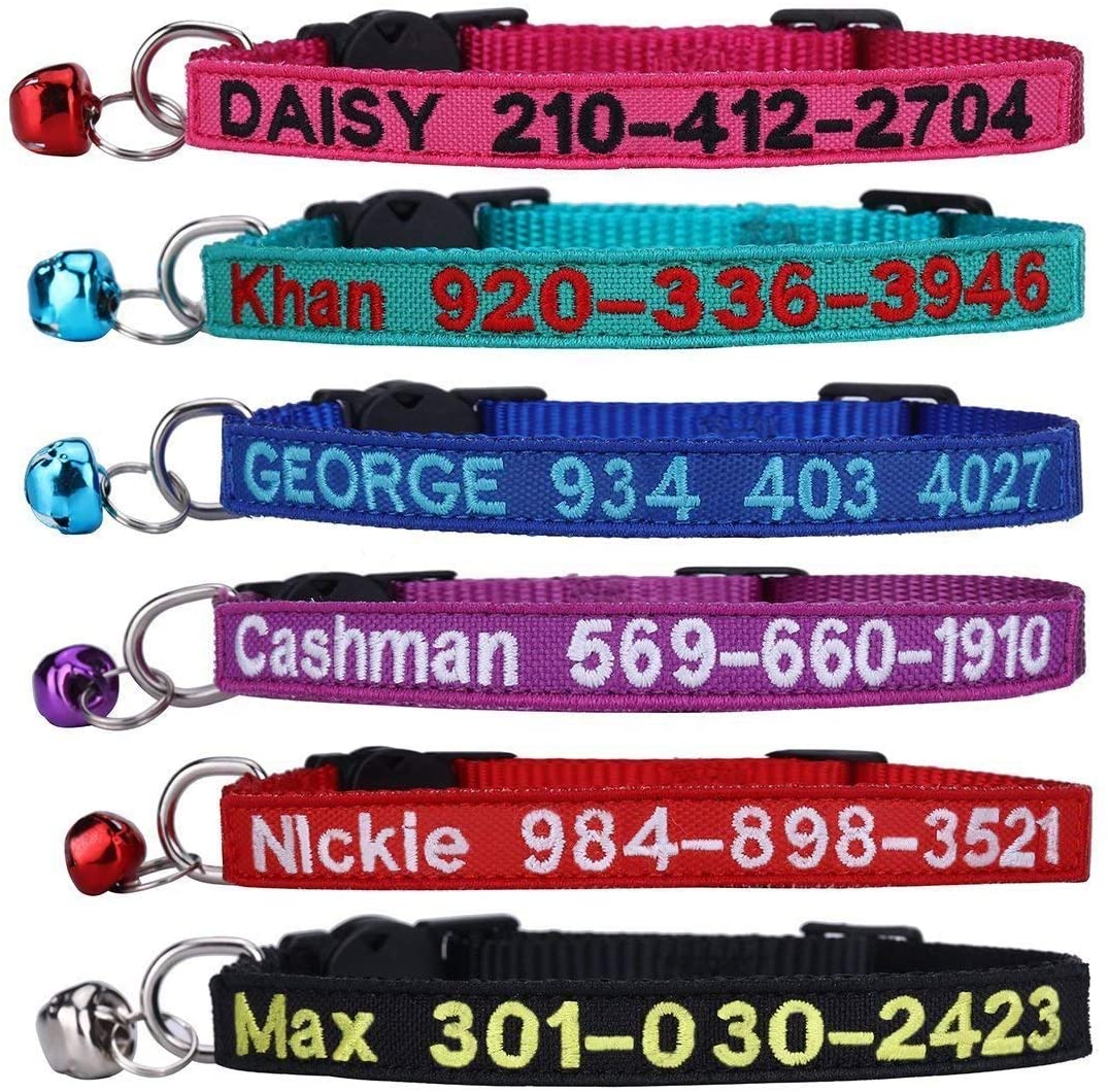 Cat Collar,Personalized Embroidered Nylon Cat ID Collars with Bell - Custom Text with Pet Name and Phone Number