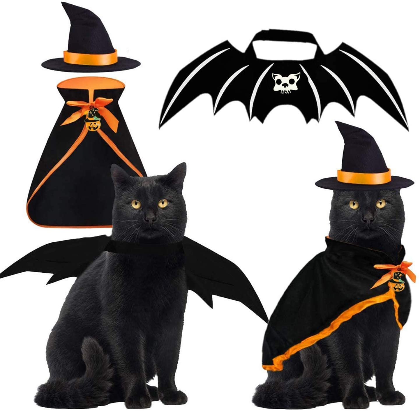 Halloween Cat Costume Bat Wings Witch Cloak Wizard Hat 3 PCS Pet Costumes for Small Cats Kittens Cosplay Halloween Party Decoration Bat Costume Cat Dress Up Accessories