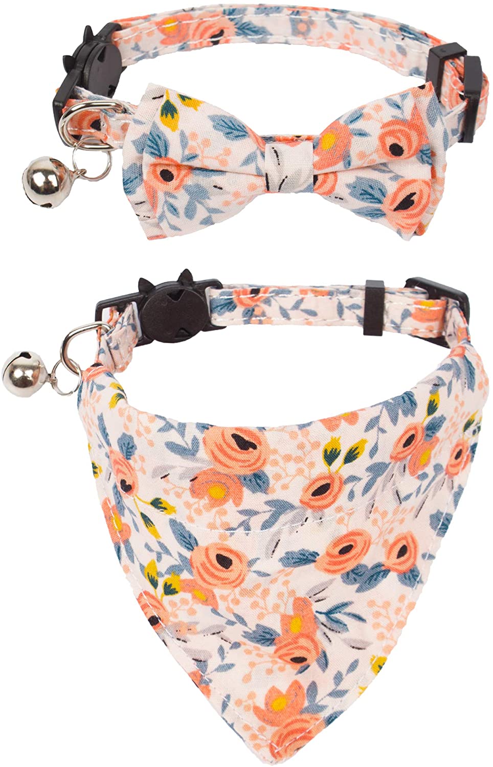 ADOGGYGO Breakaway Cat Collar with Bow Tie Bandana, Kitten Collar with Removable Bowtie Bandana Cute Flower Pattern Cat Bowtie Bandana Collar for Cat Puppy