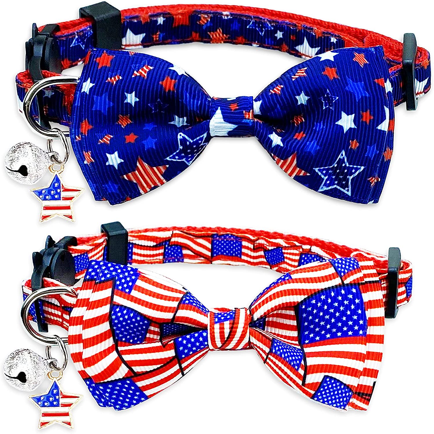 Pohshido 2 Pack 4th of July Cat Collar with Bow Tie and Bell, USA Independence Day Patriotic Kitty Kitten Collar for Male Female Boys and Girls Cats