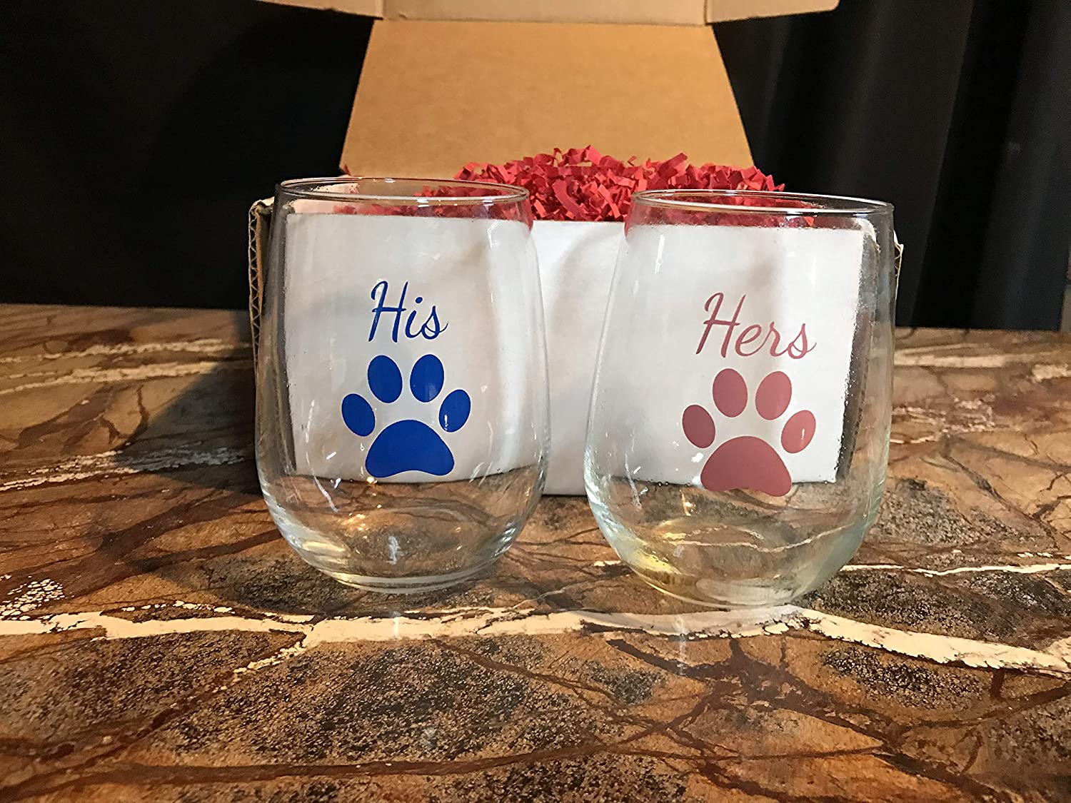 His and Hers Stemless Wine Glasses | Wine Glass Christmas Gift Set | Funny Engagement or Wedding Present | Perfect for Dog and Animal Lovers, Newlyweds, Anniversary Present, Bride & Groom or Mom & Dad