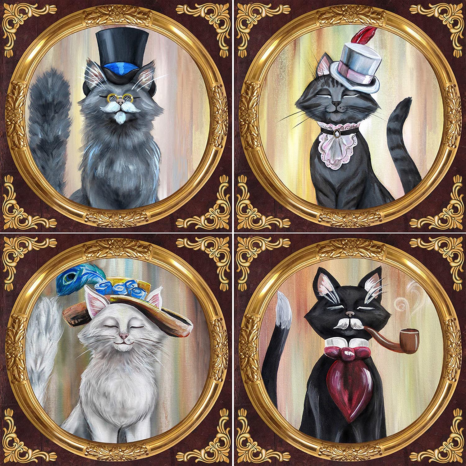 DWK Fancy Felines Victorican Cat Drink Coasters Assorted (4 Piece Set) | Cat Decor for Your Living Room Coffee Table | Classy Cat Coasters | Coffee Bar Accessories - 4"