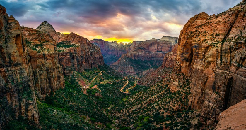 panoramic view of zion national park from Canyon overlook trail at sunset. Utah. USA