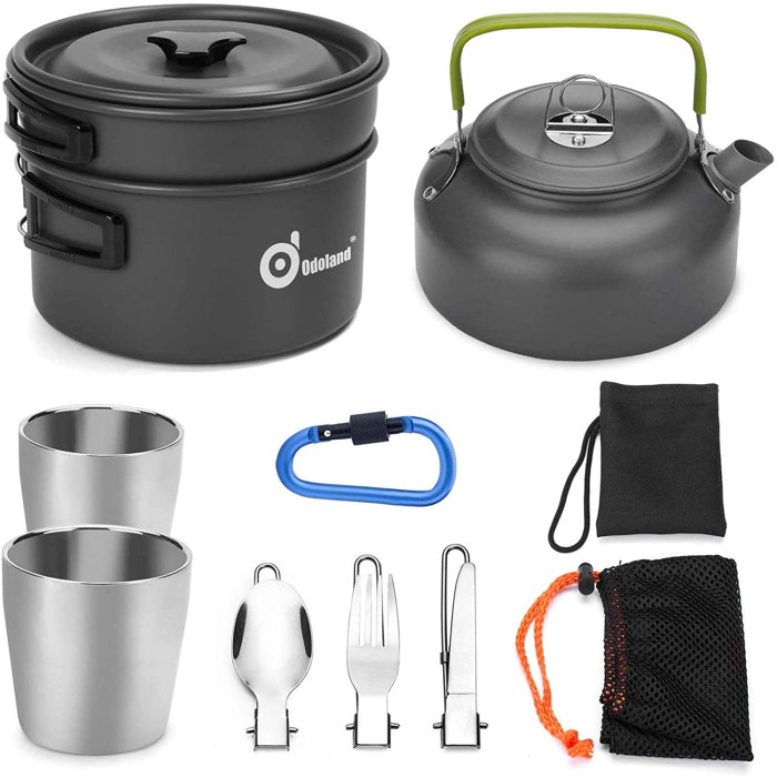 Odoland 10pcs Camping Cookware Mess Kit, Lightweight Pot Pan Kettle with 2 Cups, Fork Spoon Kit for Backpacking, Outdoor Camping Hiking and Picnic