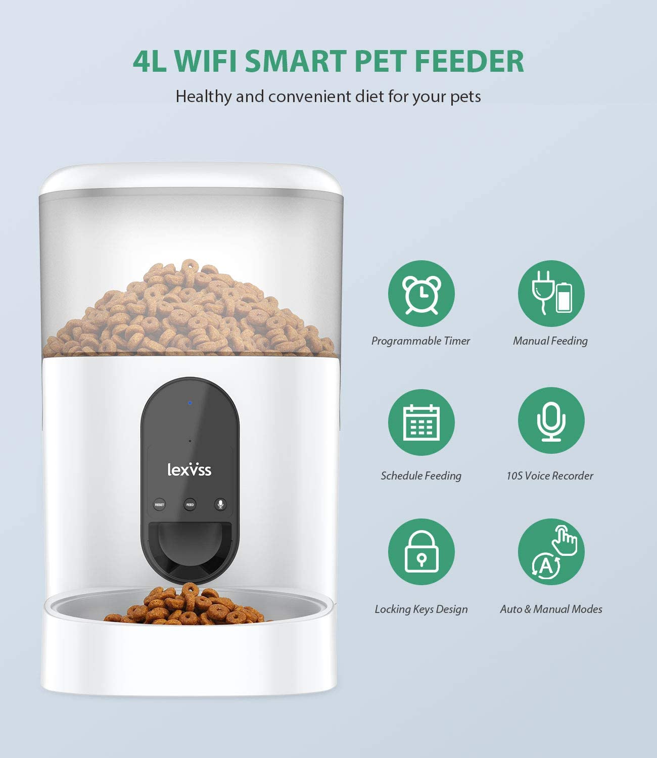 Automatic Cat Feeder, WiFi Dog Food Dispenser with Voice Recorder Programmable Portion Control Up to 10 Meals per Day, Auto Food Feeder with Desiccant Bag for Small & Medium Pets 4L (White)