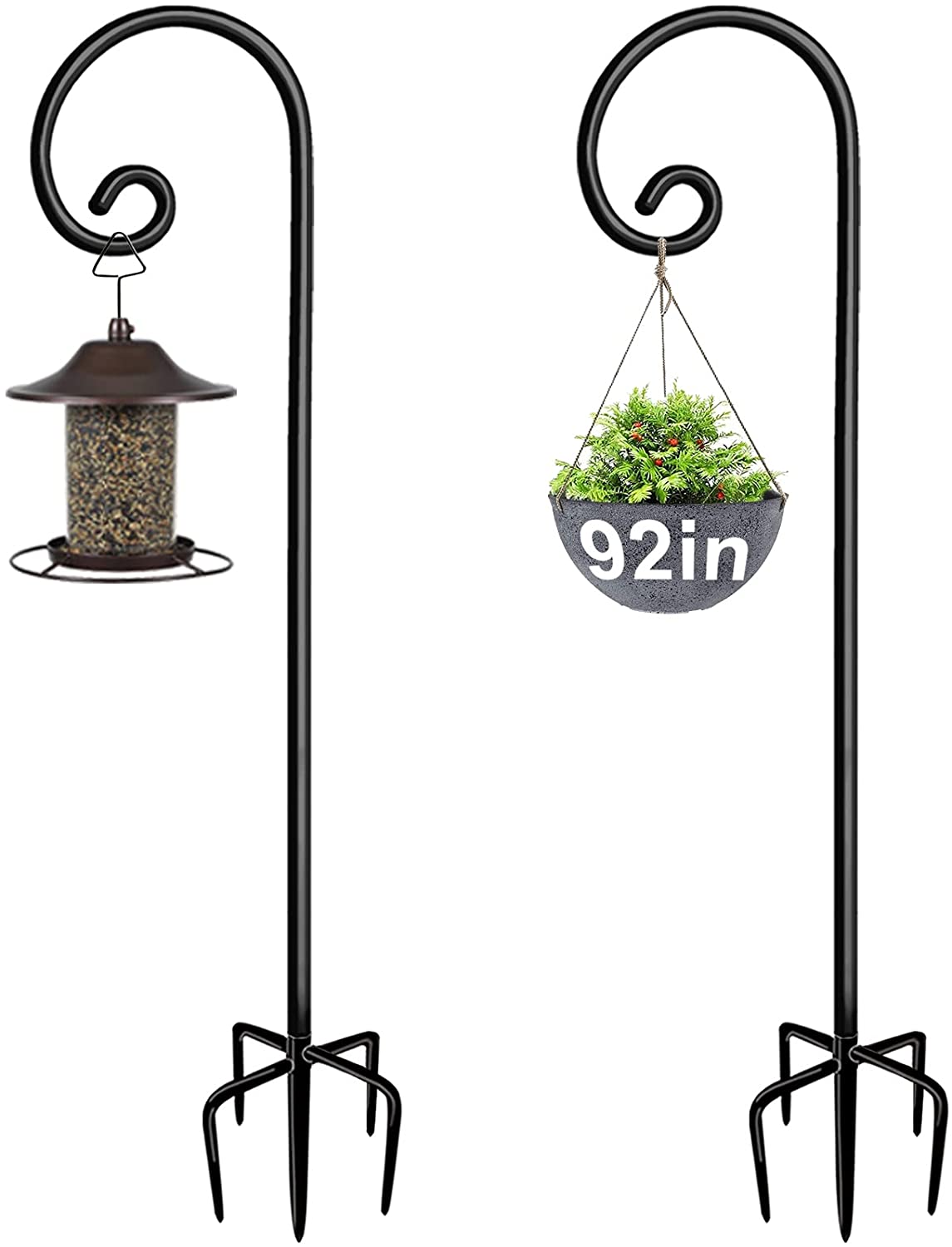 Artigarden Outdoor Shepherd Hooks 92 inch Tall for Bird Feeder (2 Packs), Adjustable Metal Garden Poles for Hanging Plants Solar Light Lantern, Bright Black