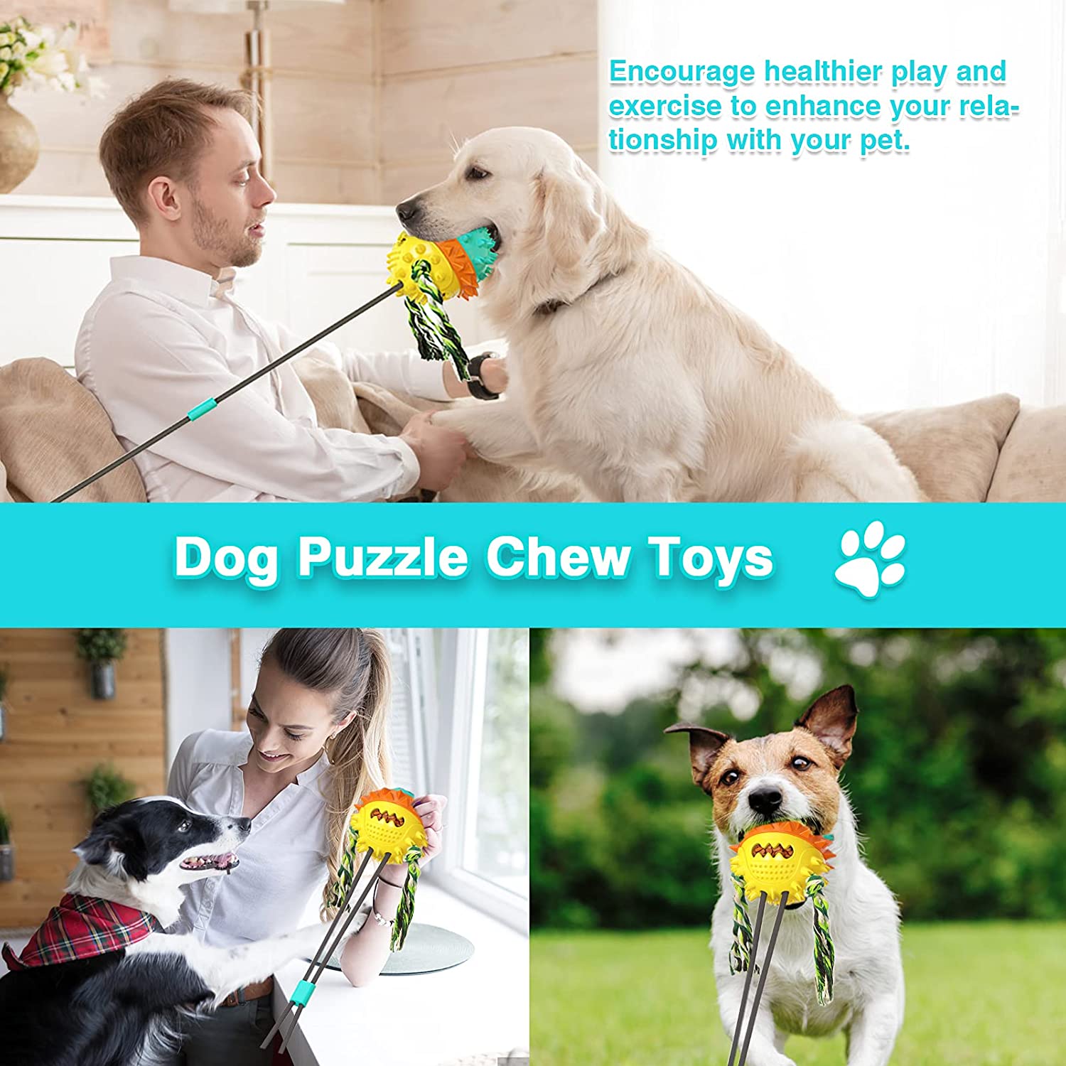 Dog Toys for Aggressive Chewers Strengthen Double Suction Cup Tug of War Interactive Puzzle Dogs Toy Indestructible Chew Squeaky Rope Toys for All Dogs with Teeth Cleaning, Food Dispensing Features