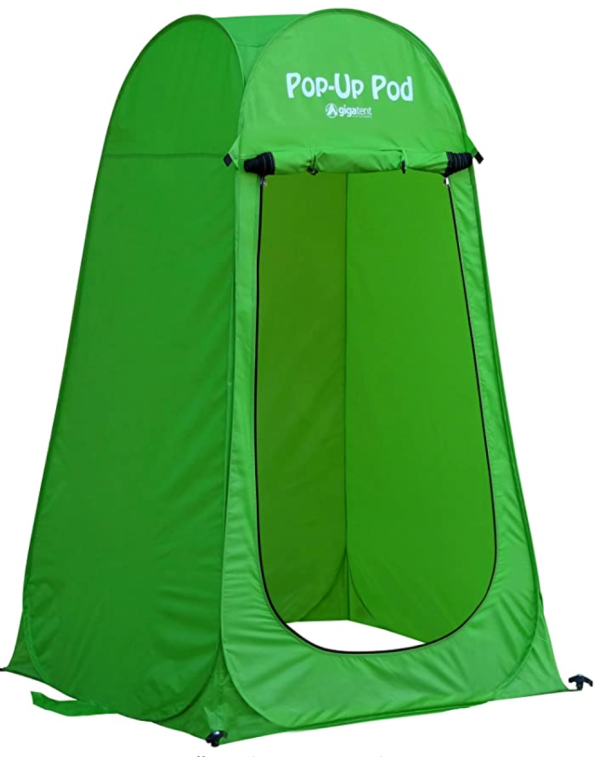 green shower rent by pop up pod with white background