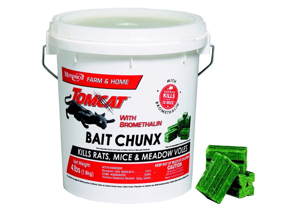 A large, white, round plastic bucket filled with rat poison