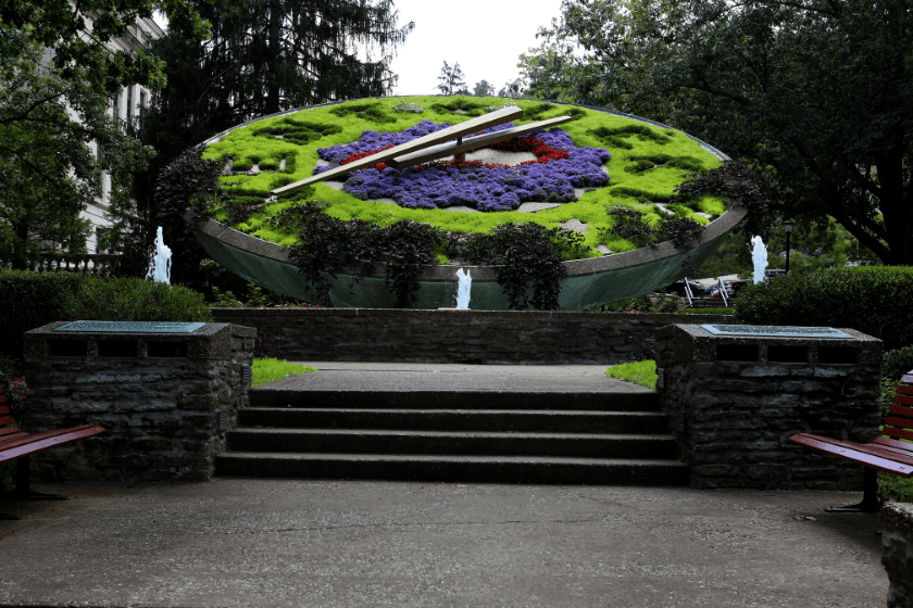 Kentucky State Capitol floral clock on the grounds of the Capitol in Frankfort, Kentucky on July 29, 2019