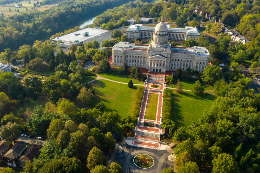 Colorful landscaping on the grounds at the capitol statehouse in Frankfort Kentucky USA