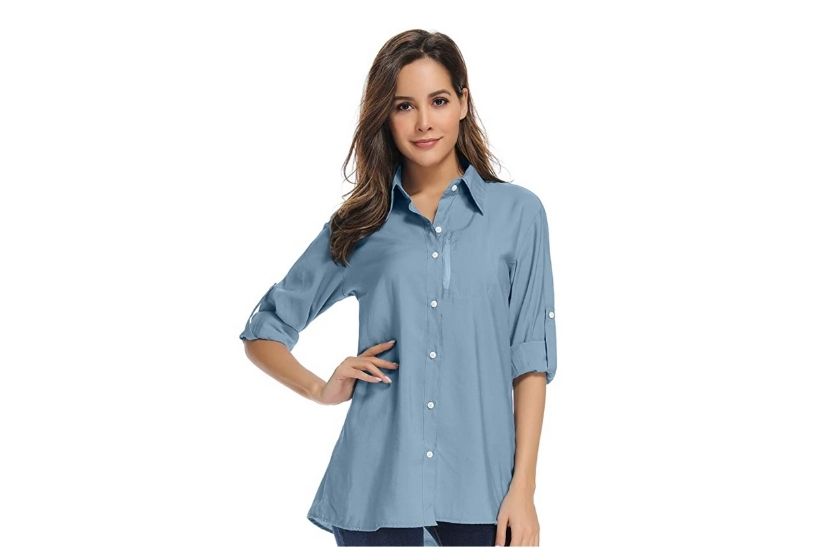 camping shirts— woman's long sleeve fishing shirt with UPF 40+