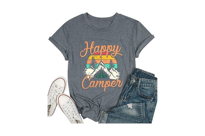 camping shirts- "happy camper" text with design of mountains (causal shirt)