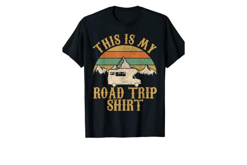 camping shirts, text says: This is my road trip shirt and has a design of an RV and mountain