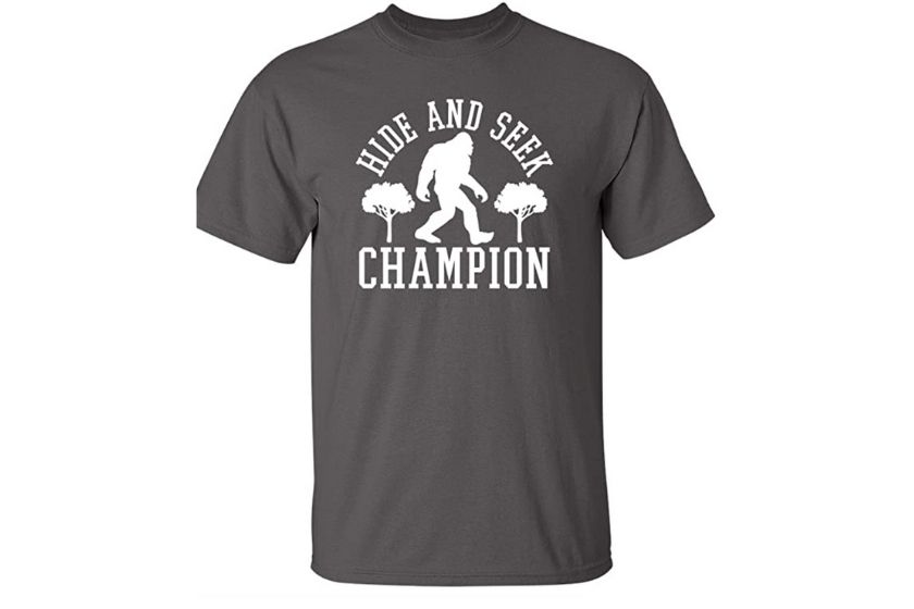 camping shirts (silhouette of big foot waking. Text says: hide and seek champion)