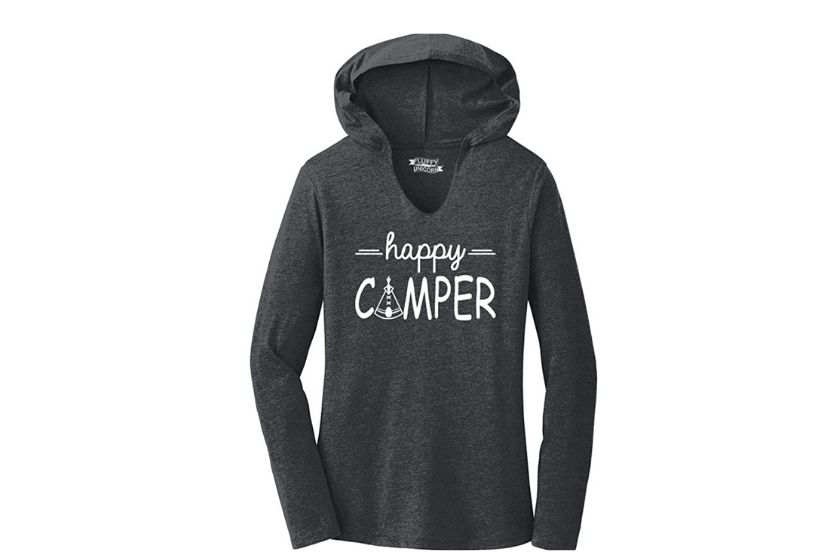 camping shirts— lightweight gray hoodie that says happy camper