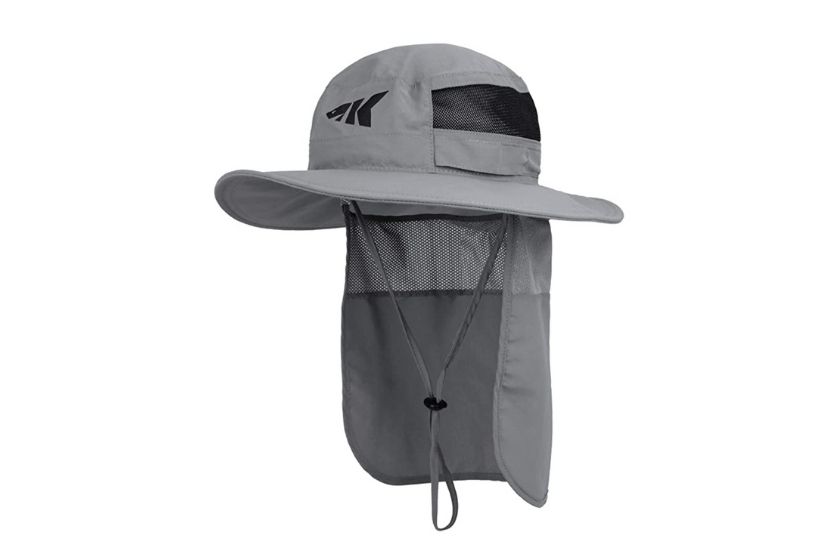 gray hiking hat that shades face from sun. also has adjustable drawstring for secure fit