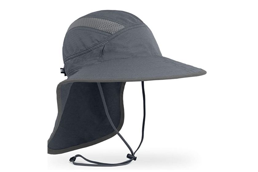 gray hiking hat with flap on the back to protect neck from sunburns