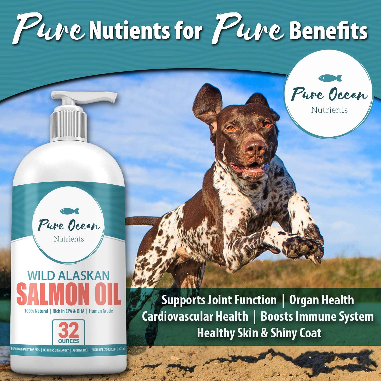Wild Alaskan Salmon Oil for Dogs 32 Ounce; Natural Liquid Supplement with Omega 3's to Support Joint, Heart, and Immune Health Essential Fatty Acids Promote a Shiny Coat and Healthy Skin
