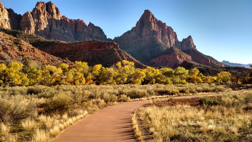 Curved Footpath on Pa'rus Trail Zion National Park in autumn Utah