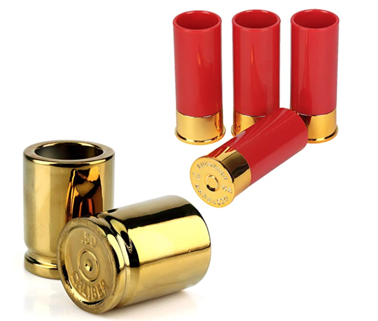 Barbuzzo Shot Glasses - 50 Caliber Bullet Casing 2oz Shot Glasses (set of 2) and 12 Gauge Shotgun Shell Shot Glasses (set of 4)