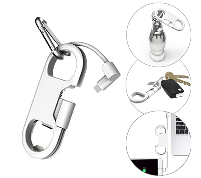 iPhone Charge Lightning Cable + Keychain + Bottle Opener + Aluminum Carabiner,Portable Multifunction Keychain Bottle Opener USB Charging Cord Short Cable for iPhone X/8/7/6S,Gift for Men Women (White)