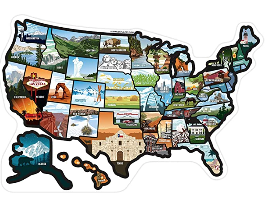 RV State Sticker Travel Map of The United States - 21x14.5" Travel Trailer Camper Map RV Decals for Window, Door, or Wall - 50 State Decal Stickers with Scenic Illustrations- Camper Accessories