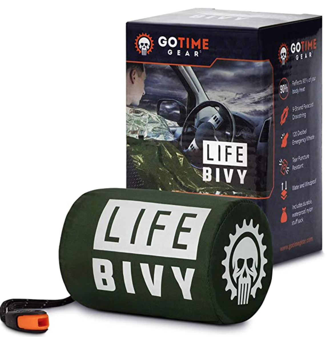 Go Time Gear Life Bivy Emergency Sleeping Bag Thermal Bivvy - Use as Emergency Bivy Sack, Survival Sleeping Bag, Mylar Emergency Blanket - Includes Stuff Sack with Survival Whistle + Paracord String