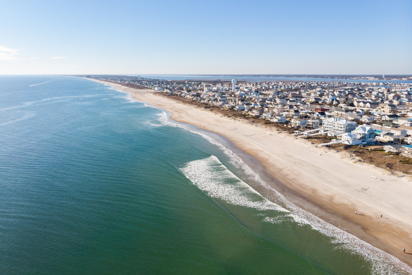 Aerial view of beautiful water and shoreline of Atlantic Beach, North Carolina, on a sunny winter day.