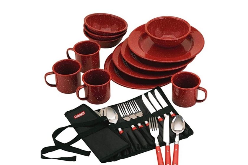 red camping dishes set with plates, coffee mugs, and forks, spoons, and knives