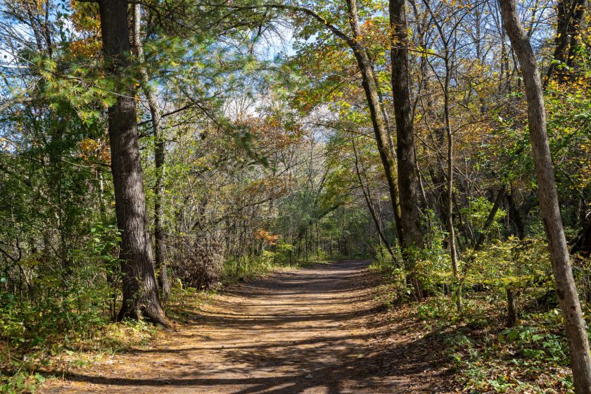 Hiking trail in Willow River State Park in autumn, in Hudson Wisconsin