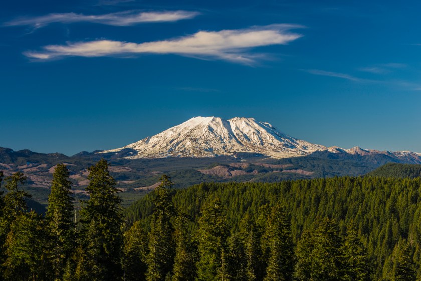 Mount St. Helens on a clear day against clear blue sky