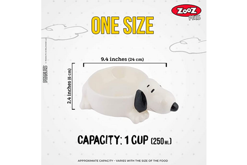 Dimensions of Snoopy Dog Food bowl, available on Amazon.