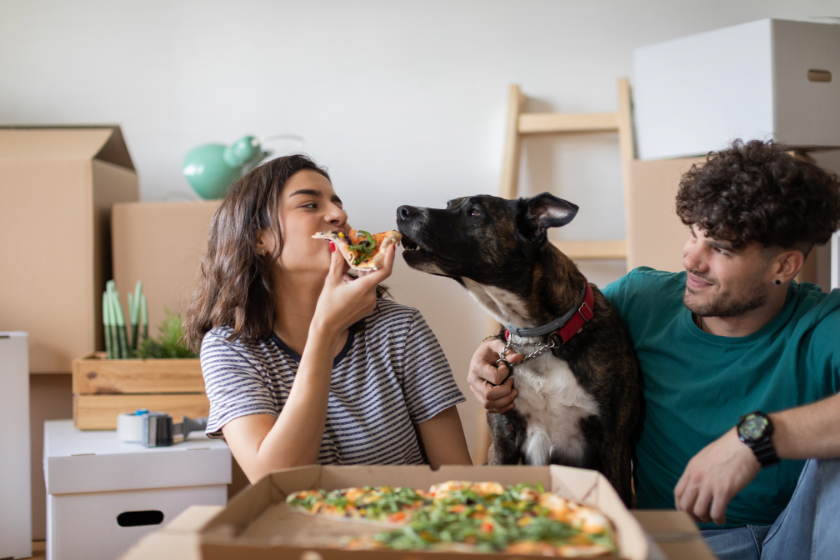 dog sharing pizza with owners