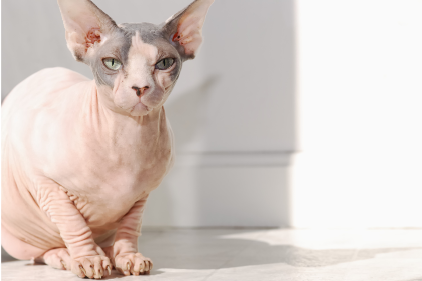Sphynx cat sits idly in the light.
