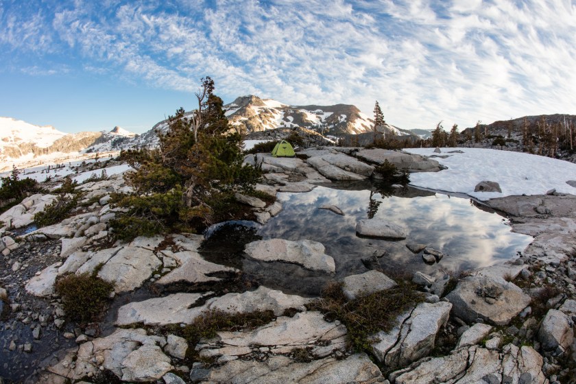 Morning light illuminates high mountain scenery in California's Desolation Wilderness, not far from Lake Tahoe. This beautiful part of the Sierra Nevada Mountains is popular for camping and hiking.