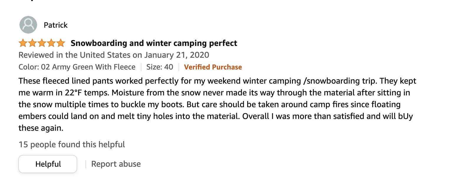 winter pants 5-star amazon review that rave about use in 22 degree temperature