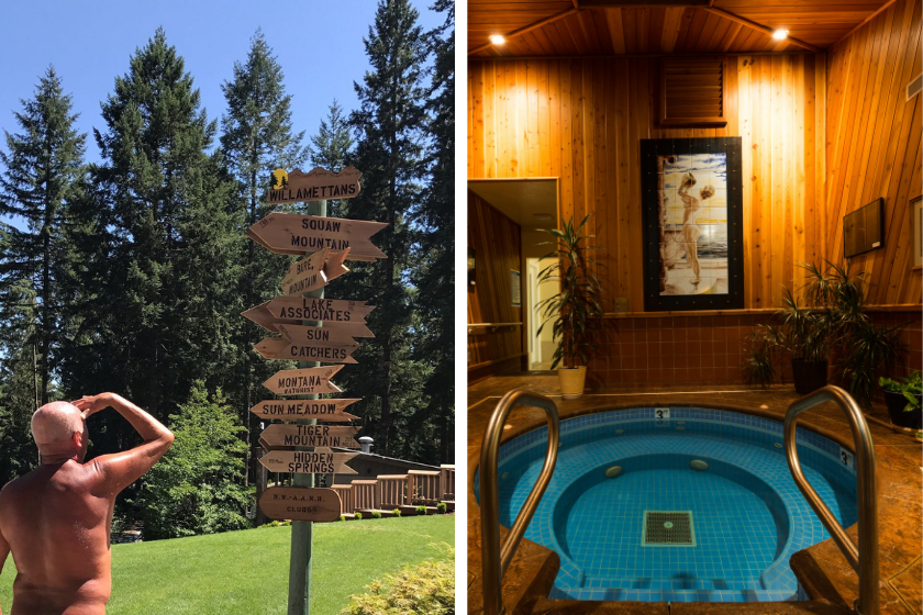 LEFT: a man nude from the torso up looks at a sign. RIGHT: a view of an indoor pool