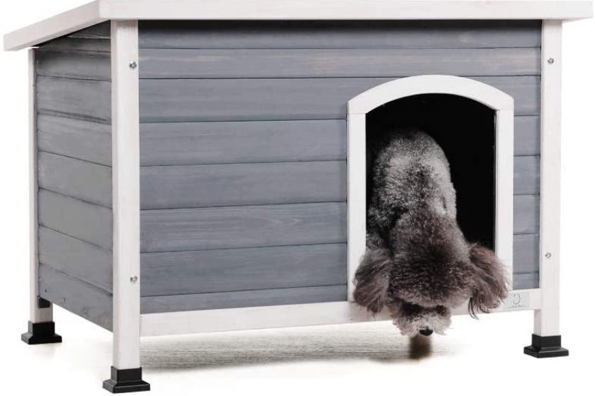 grey heated wooden dog house